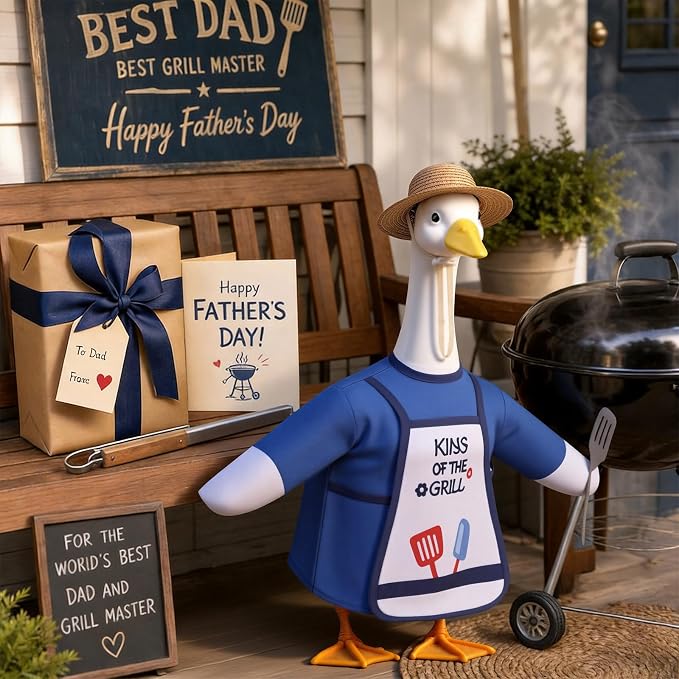 BBQ Porch Goose Outfits, 23 Inch Porch Goose Summer Outfit, Funny Duck Clothes with Straw Hat, Apron & Spatula -Goose Clothes for Cement Goose Outdoor Garden Yard Decor