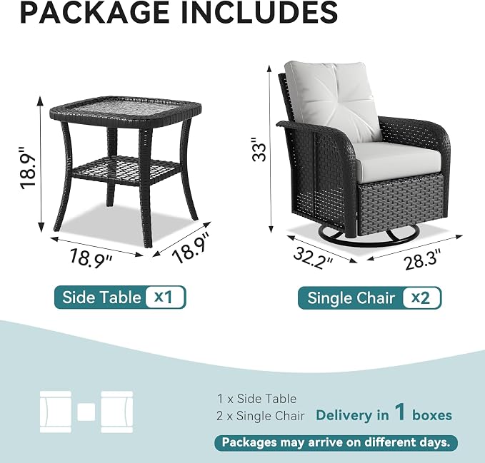 LazySunsets 3 Piece Outdoor Patio Furniture Set, Wicker Rattan Outdoor Furniture with High Back Swivel Rocker Chairs, Outdoor Sofa Set with Thick Cushions & Side Table, Beige