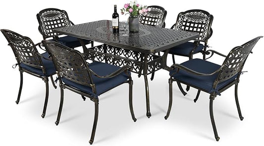 VIVIJASON 7-Piece Patio Furniture Dining Set, All-Weather Cast Aluminum Outdoor Conversation Set, Include 6 Cushioned Chairs and a Rectangle Table with Umbrella Hole, Navy Blue Cushion