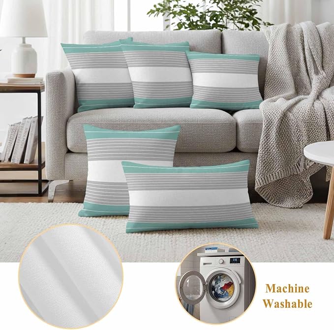 Turquoise Grey Stripe Outdoor Pillow Covers Set of 2 Gradient Line Waterproof Throw Pillow Cover Decorative Cushion Cases for Patio Porch Garden 20X12 Inch