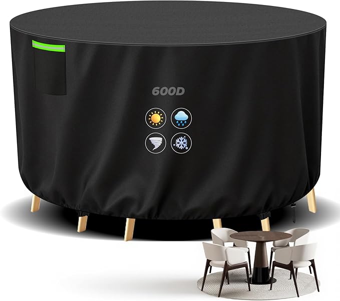 Round Patio Furniture Cover 62 Inch, 600D Oxford Waterproof Heavy Duty UV Resistant, Outdoor Dining Table and Chairs Seating Combo Cover, 62" Dia x 28" H, Black