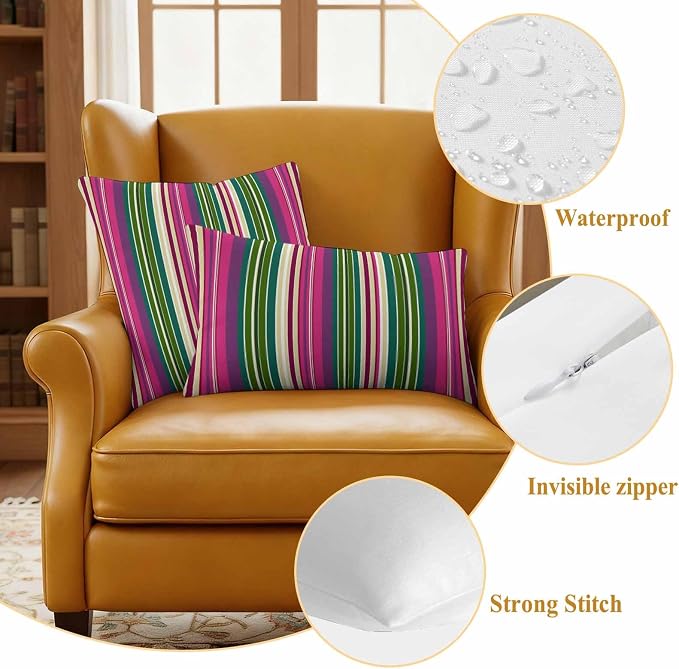 Outdoor Waterproof Throw Pillow Covers Set of 2 Pink Striped Pillowcases 18x18 Inches Geometric Green Stripes Decorative Pillows Cushion Case Patio Pillows for Couch Bed Chair Garden