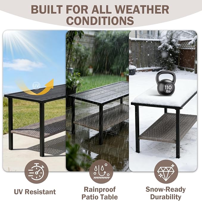 EAGLE PEAK Mojave Dusk Patio Coffee Table with Wood Grain Top and Wicker Shelf, Durable Weather-Resistant Outdoor Table for Deck, Porch, or Garden, Large
