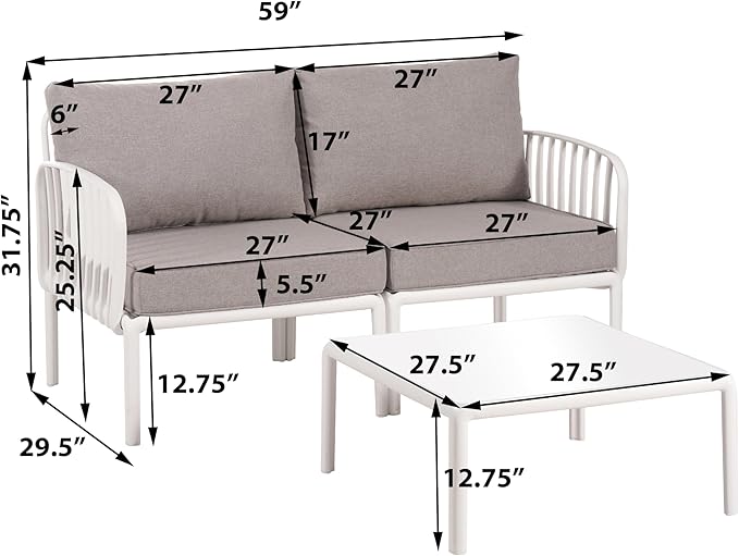 Christopher Knight Home Landon 5 Pieces Patio Conversation Set, 3 Seater Sofa with Coffee Table, Couch and Club Chair, Thick Cushion Armchair, Outdoor Conversation Set for Gathering, White+Light Gray