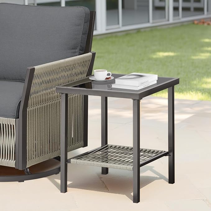 Outdoor Side Table, Steel, 22x18x18 in, Dark Gray | Powder-coated steel frame, 2-layer square top, moisture-resistant, patio deck end table, holds 50 lb