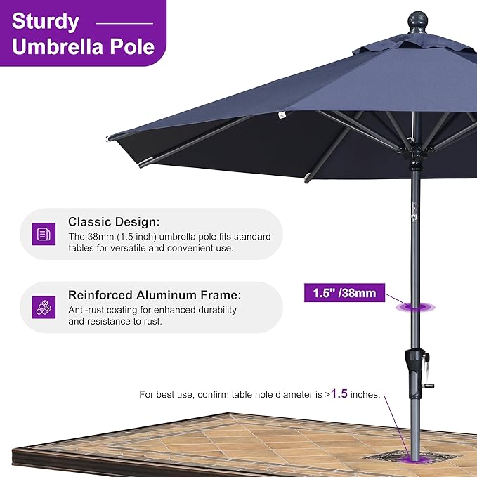 PURPLE LEAF 8' Round Patio Market Umbrella with Base Outdoor Table Umbrellas Aluminum Frame Sun Shade with 8 Sturdy Ribs Tilt for Garden Deck Lawn Pool Navy Blue