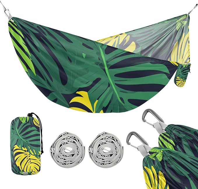 Tropical Leaves Illustration Green Hammocks with Hanging Rope Hanging Hammock for Indoor Outdoor Patio