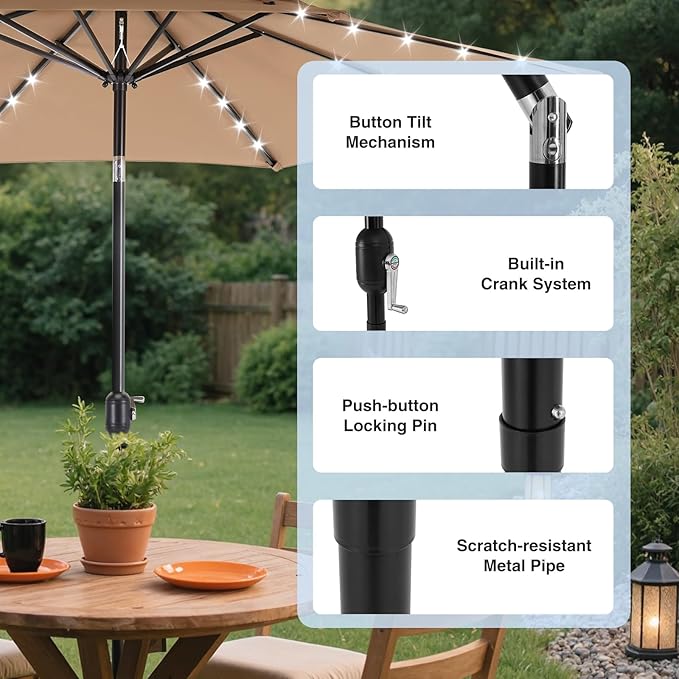 DUMOS LED Outdoor Patio Umbrella 10 FT UV-Resistant Market Umbrella with Tilt Adjustment & Crank Lift, All-Weather Shade for Backyard, Deck, Garden, Beach
