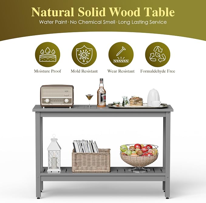 ZenStyle Solid Wood 48in 2-Shelf Console Table, Indoor Outdoor Plant Accent Table Storage Organizer w/Foot Sliders for Patio, Deck, Porch, Garden (Grey)