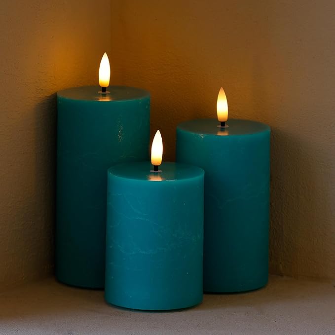 Teal Flameless Candles, Real Wax Battery Operated Candles with Remote, Flat Top Flickering LED Pillar Candles for Home Party Wedding Holiday Decor, Set of 3 (H 4" 5" 6" x D3)