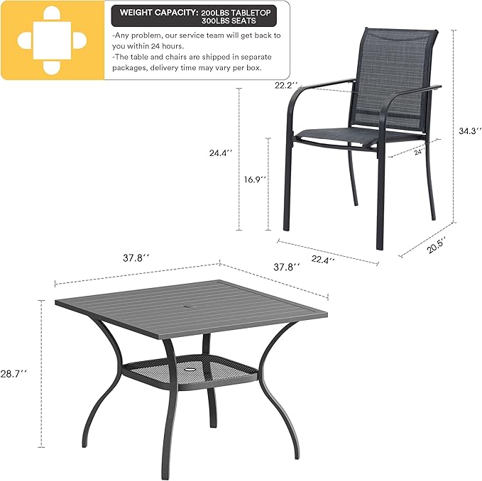 VICLLAX Patio Dining Set, 5 Pieces Outdoor Furniture Set- 37.8" Square Outdoor Table and 4 Stackable Patio Chairs, Grey Tabletop and Grey Fabric