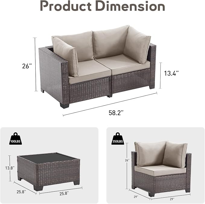 Bonzy Home 3 Pieces Outdoor Patio Furniture Set, PE Rattan Outdoor Sectional Furniture Sofa Set with Removable Cover and Glass Coffee Table, Patio Sofa for Balcony, Porch, Garden, (Brown-Grey)