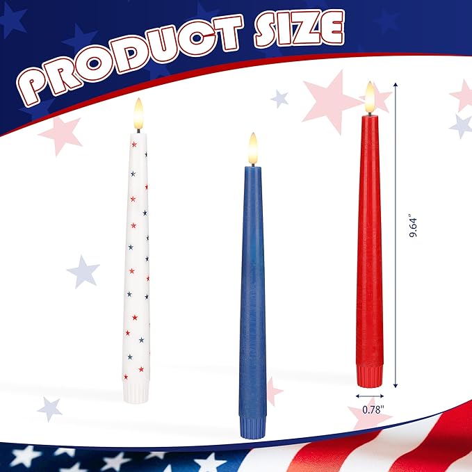 Red White and Blue Star Candles, Flameless Taper Candles with 3D Wick, Real Wax 4th of July Flameless Candles with Remote, 9.6" Battery Operated Patriotic Led Candlesticks, 3 Pack