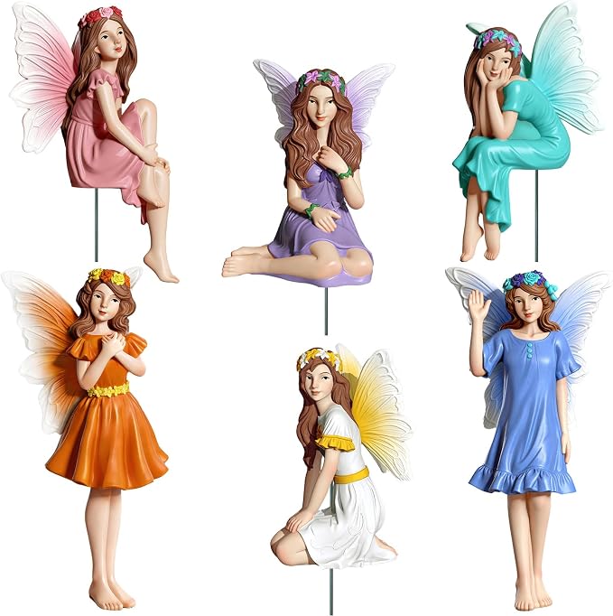 Exasinine 6 Pcs Fairy Figurines 4 Inch Colorful Fairies for Fairy Garden | 6 Hand-Painted 4-Inch Resin Fairy Figurines, Assorted Poses for Fairy Gardens, Flower Beds, Planters and Tabletop Decor