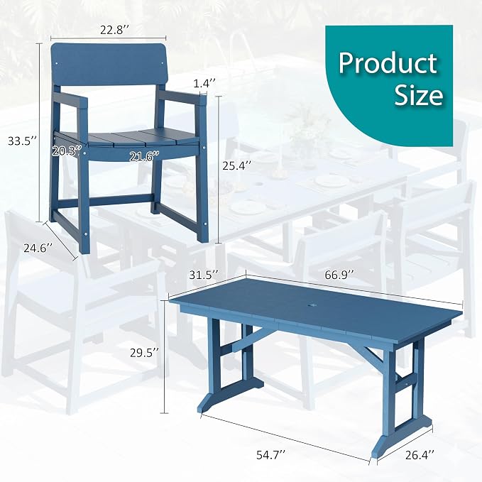 Shintenchi 7 Pieces Outdoor Dining Set,HDPE Outdoor Table and Chairs Set for 6,All Weather Patio Furniture Sets with Umbrella Hole,Modern Wooden Textured Dining Sets for Backyard,Garden,Blue