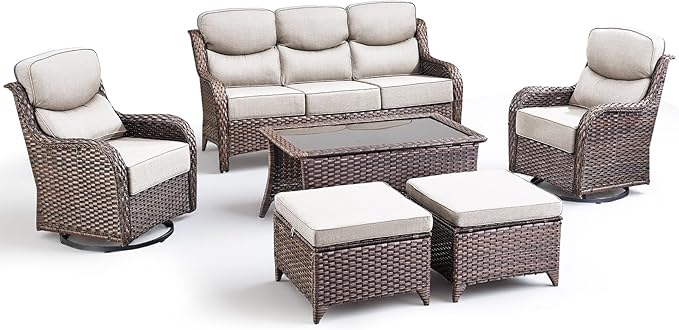 Luxury 6 Pieces Outdoor Patio Furniture Set-All Weather Wicker Outdoor Furniture with Swivel Rocker Patio Chairs 6-inch Extra Thick Cushions Wicker Conversation Set for Garden Porch(Brown/Beige)