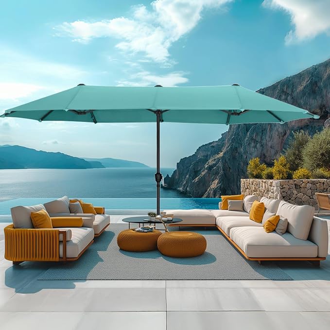 MFSTUDIO 13ft Outdoor Patio Umbrella, Double Sided Large Rectangular Umbrella Market Table Twin Triple Rectangle Umbrellas with Crank Handle for Outside Picnic Backyard Deck Pool (no base)