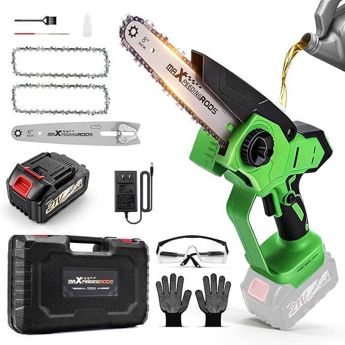 maXpeedingrods Electric Chainsaw Cordless, 8 Inch & 6 Inch Mini Chainsaw with 3.0Ah Battery, Brushless, Auto Oiler & Tool-Free Tensioner, Handheld Portable Chainsaw (8inch Light Green with 3.0Ah)