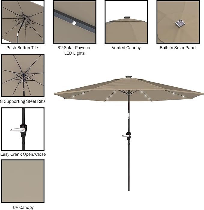 Pure Garden Patio Umbrella with Lights - 10 ft Outdoor Sun Shade Canopy with 32 Solar LEDs - UV 30+ Protection LED Umbrella (Sand)