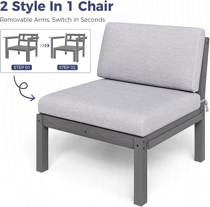 Modular Outdoor Patio Furniture Armless Seat, HIPS All-Weather Outdoor Sectional Sofa with High-Density Thick Cushions, Easy Side Interlock, Patio Seat for Backyard, Balcony, Deck (Grey)