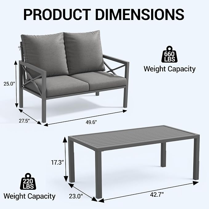 2-Piece All-Weather Metal Patio Furniture Set, Cushioned Loveseat 2 Seats Sofa Bench w/Coffee Table, Heavy Duty Steel Frame & Washable Cushions for Backyard Garden (Grey)