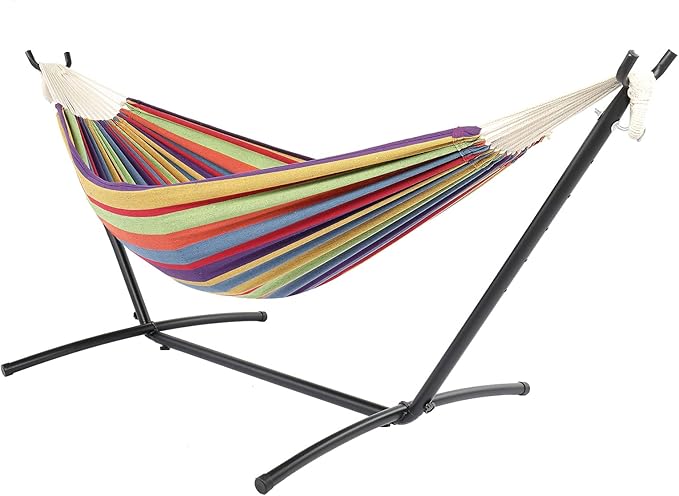 Cotton Hammock with Space Saving Steel Stand,9ft Black Steel Pipe Hammock Frame with 200 * 150cm Polyester Cotton Hammock Iron Hammock Set (Color Stripe)
