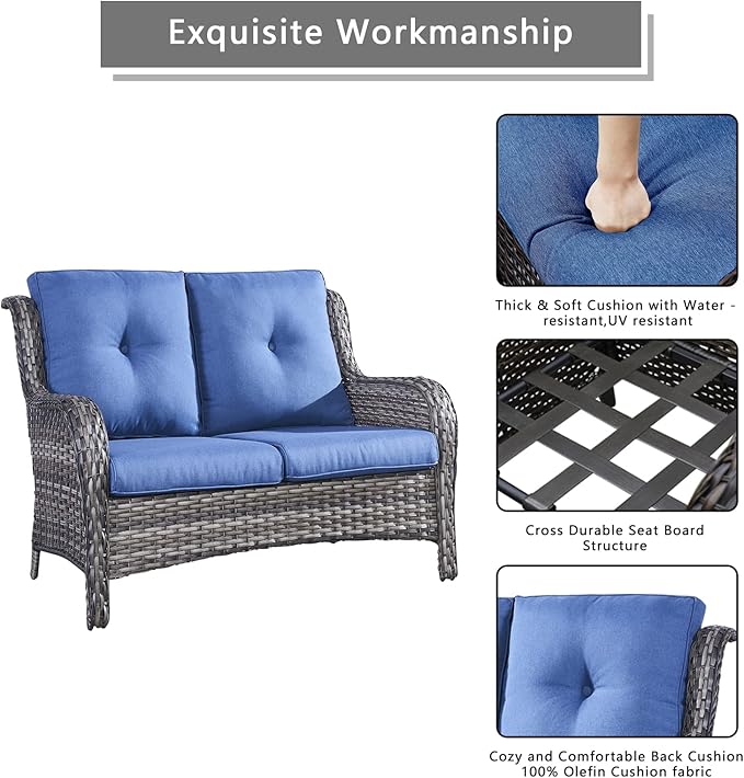 Rilyson Outdoor Loveseat Wicker Patio Sofa - 2-Seat Rattan Outdoor Couch Patio Furniture with Deep Seating and Comfortable Cushions for Outside Porch Deck Balcony(Mixed Grey/Blue)