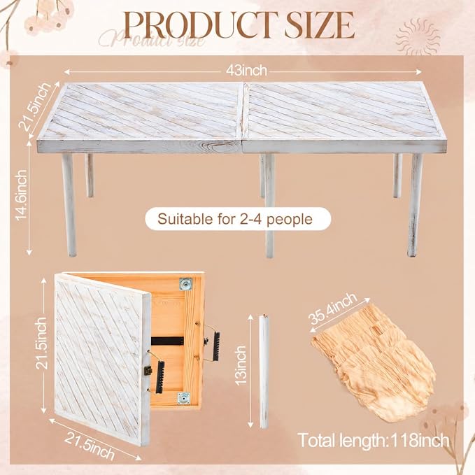 Novabright 4 Person 21.5 x 43 Inches Boho Table Low Folding Picnic Table Beach Portable Low Wood Floor Event Foldable Garden Wedding Party Camping Picnic with Runner Set(Retro White)