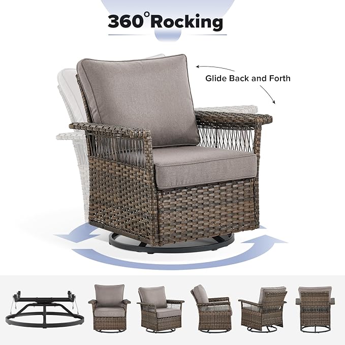 Outdoor Wicker Patio Furniture Set - 6 Piece Rattan Patio Conversation Sets with 2 Swivel Rocking Chairs,2 Ottomans,1 Sofa and 1 Coffee Table for Porch Deck Garden(Brown/Grey)