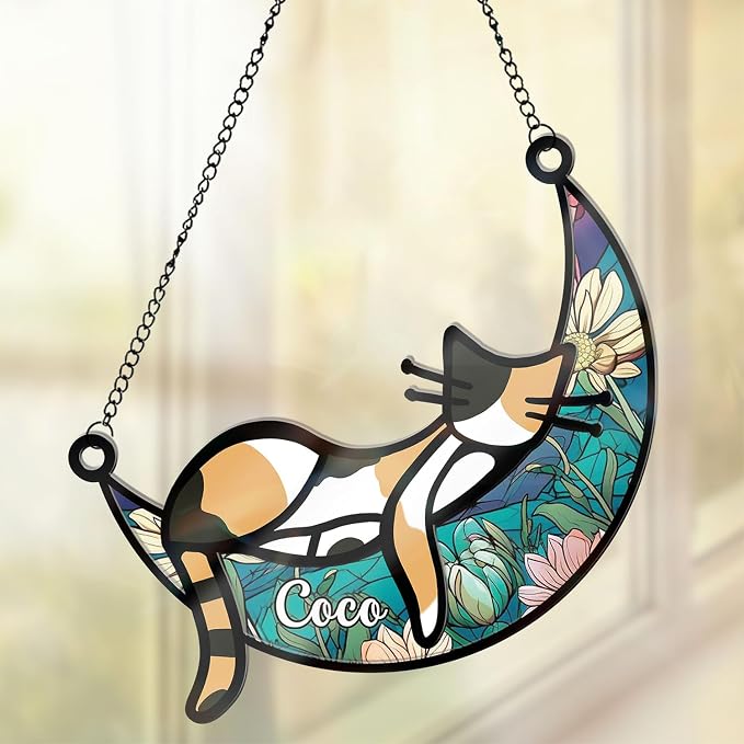 Custom Cat Memorial Suncatcher for Windows Ornament, Pet Sympathy Gift to Memorialize The Loss, Cat Sleep Sun Catchers with Personalized Decorations in Loving Memory for Loss Pet