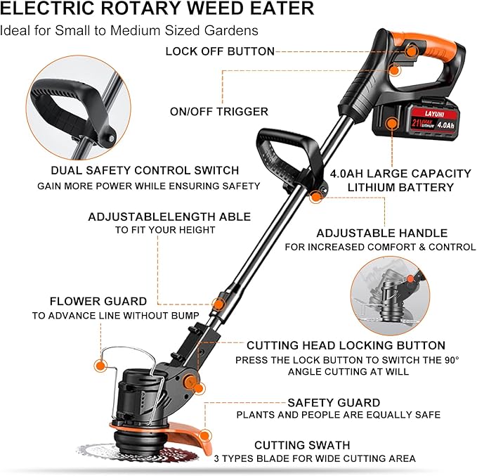 Cordless Weed Wacker with Wheels, 880W Battery Powered Weed Eater with 2 x 21V Batteries, 3-in-1 Electric Grass Trimmer & Brush Cutter with 5 Types Blades, Lightweight Weed Trimmer for Lawn & Garden