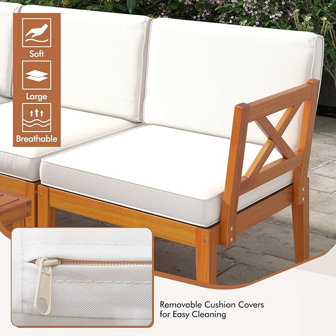 Tangkula 6 Pieces Acacia Wood Patio Furniture Set, Outdoor Sectional Conversation Set with Cushions and 2-Tier Coffee Table, L Shaped Corner Sofa Set for Garden, Porch, Poolside and Backyard