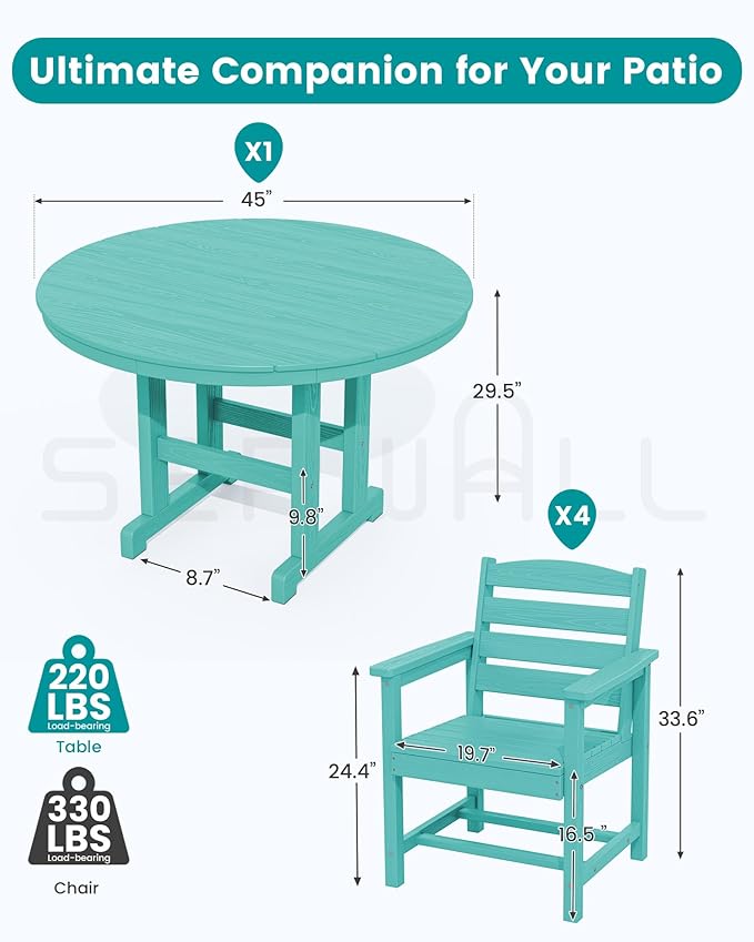 SERWALL 5-Piece Patio Dining Sets, HDPE Outdoor Table and Chairs Furniture Set, 45" Round Dining Table and 4 Dining Chairs, Aruba