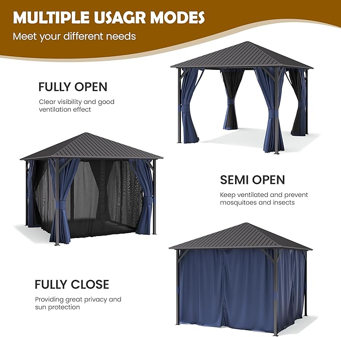 UDPATIO 10'x10' Hardtop Gazebo, Outdoor Gazebo with Galvanized Steel Roof, Weather-Resistant Patio Gazebo for Deck, Backyard, Garden, Navy Blue