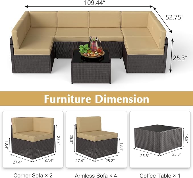 7-Piece Outdoor Patio Furniture Set, Patio Conversation Set, Patio Sectional Sofa Set with Coffee Table & Cushion for Backyard, Balcony, Garden, No-Slip, PE Wicker, Khaki/Brown