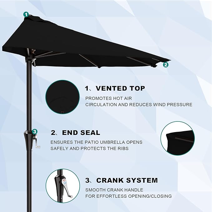 AreShark 9FT Half Patio Umbrella, Outdoor Wall Umbrella with Crank & 5 Sturdy Ribs, Table 1/2 Umbrella Patio for Garden, Deck, Balcony and Pool, Black