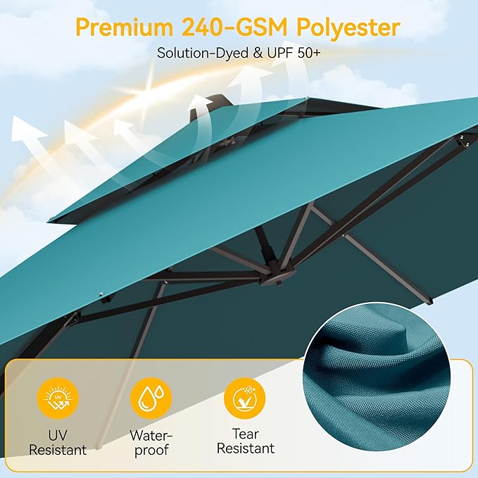 VEGOND 9x12 FT Patio Cantilever Umbrella with Base, Rectangular Heavy Duty Offset Umbrella for 6-8 People, 360°Rotation & Mult Tilt, Double Top Design, for Pool Garden Deck (Turquoise)
