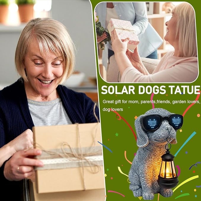 Solar Garden Outdoor Dog Statues - Garden Decorations Dogs Statue with Lantern, Waterproof Led Lights Yard Decor Figurine Birthday Gifts for Women Mom Grandma Dog Lovers for Patio Balcony Lawn