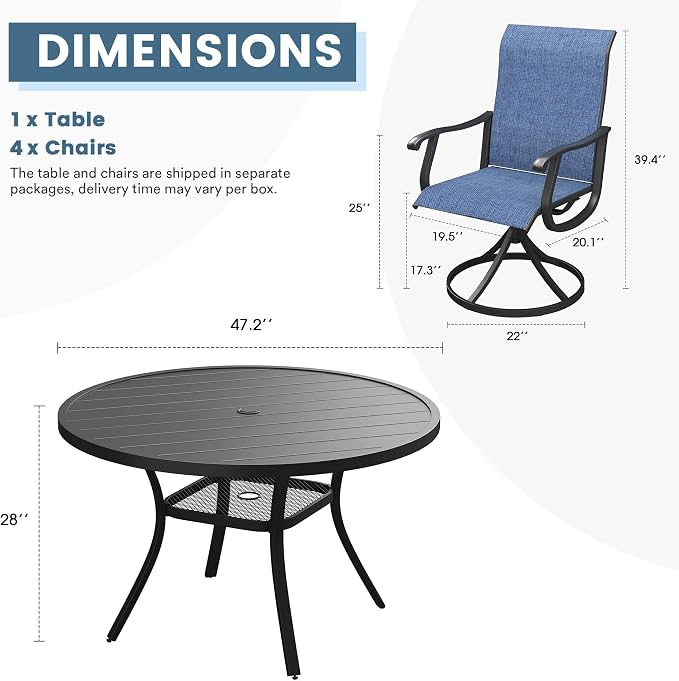 DIFY Outdoor Dining Set for 4, 5 Piece Patio Table and Chairs Set, Swivel Patio Dining Chairs with Blue Textilene & 47.2" Black Round Metal Dining Table with Umbrella Hole, for Garden Backyard Deck