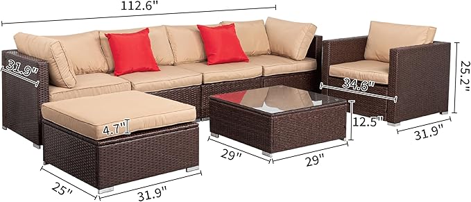 7 Pieces Outdoor Patio Furniture Sets, Outdoor Sectional Rattan Sofa, Wicker Patio Conversation Set, Patio Couch with Coffee Table for Backyard Garden,Patio Couch Outdoor Chairs Coffee Table