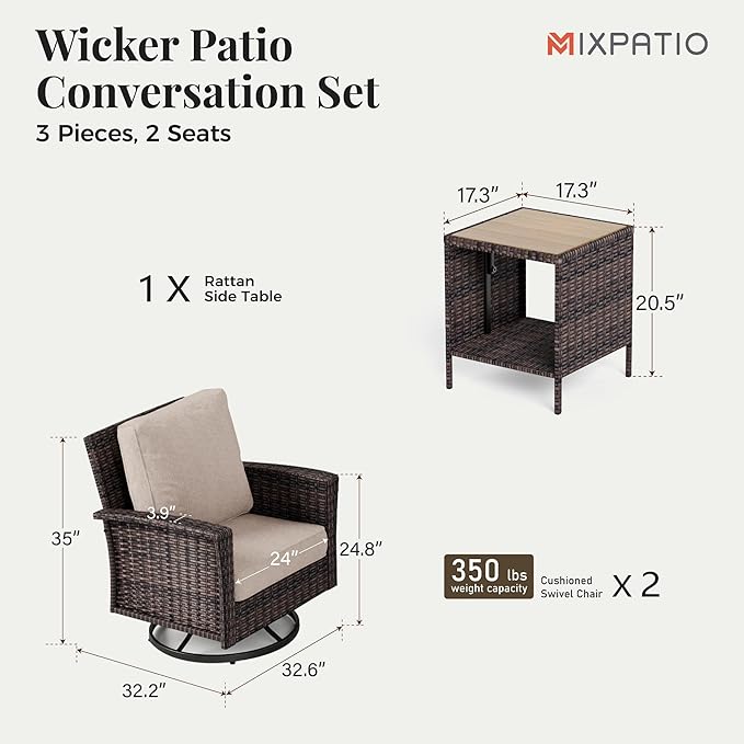 Outdoor Swivel Patio Chairs Set of 2 with Side Table, 3 Piece Wicker Highback Patio Bistro Set with Cushions for Deck Porch, Beige