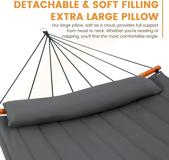 Lazy Daze Hammocks 12FT Quilted Double Hammock with V-Spreader Bar, 2 Person Portable Hammock with Nylon Rope, Side Pocket and Pillow, 450lbs Capacity, Includes Carry Bag for Outside, Grey