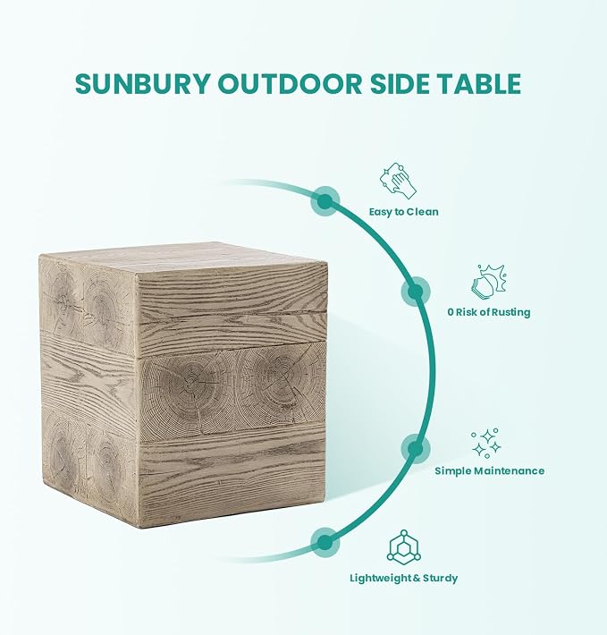 SUNBURY Outdoor Side Table Square, Faux Wooden Concrete Side Table End Table, Stump Stool for Patio Stand, Deck or Garden, Light Walnut