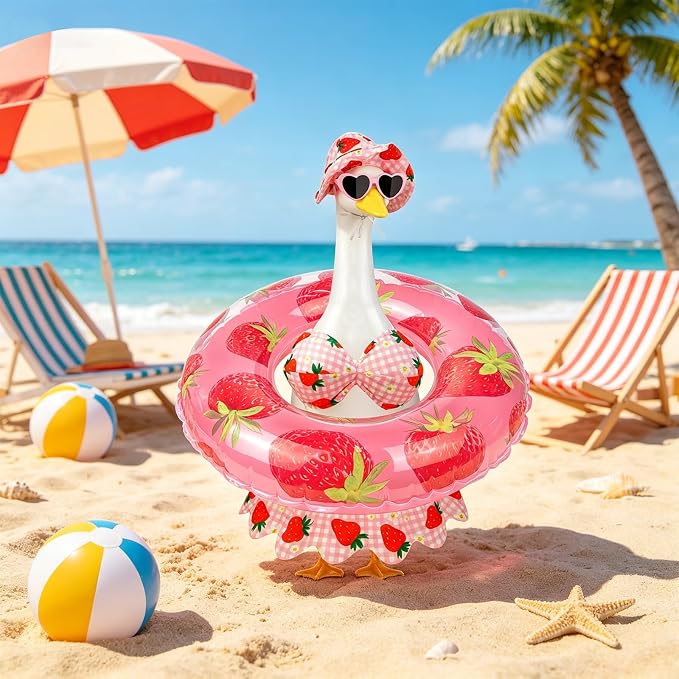 Hawaiian Porch Goose Outfits Summer Bikini Goose Outfit Fits 17 23 Inch | Strawberry Goose Costume with Sunglasses & Wreath for Cement Yard Plastic Statues, Outdoor Garden Patio Decor