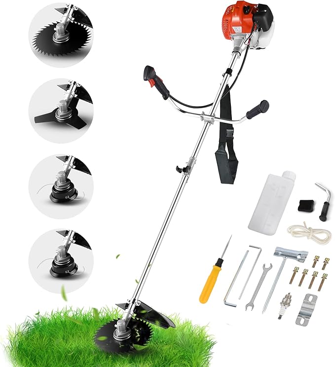 Weed Wacker 58CC Brush Cutter Gas Powered String Trimmer 4-in-1 Gas Weed Eater with 4 Detachable Heads 18.5" Cutting Path Straight Shaft 2-Cycle for Brush(Orange)