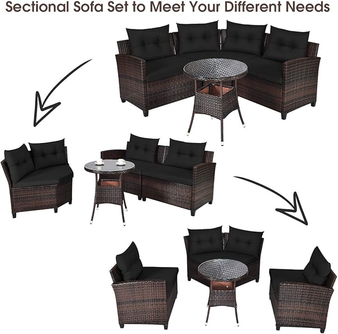 HAPPYGRILL 4 Pieces Outdoor Patio Furniture Set Wicker Sectional Sofa L-Shape with Round Tempered Glass Top Table & Cushions Modern Conversation Set Curved Sofa Set for Garden Poolside Balcony