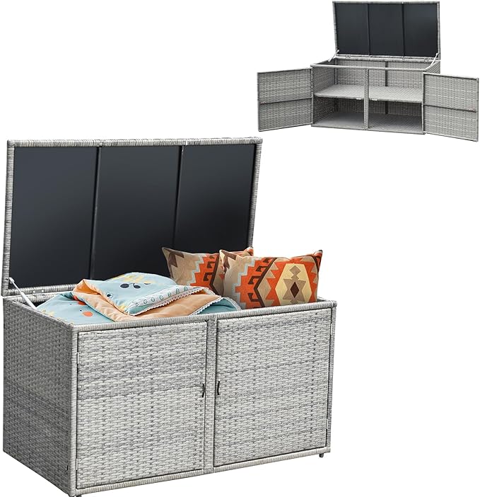 Giantex Rattan Deck Box Outdoor&Indoor 88 Gallon Wicker Storage Box W/Separate Storage Shelf, Openable Door and Tools Storage for Patio,Garden, Balcony, Porch, Yard Rattan Storage Box (Gray)