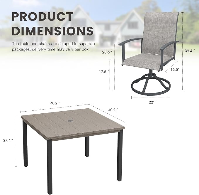 5 Pieces Patio Dining Set, Outdoor Furniture of 40.2" Square Patio Table and Patio Swivel Chairs for Backyard Lawn Garden, Grey Table and Grey Chairs