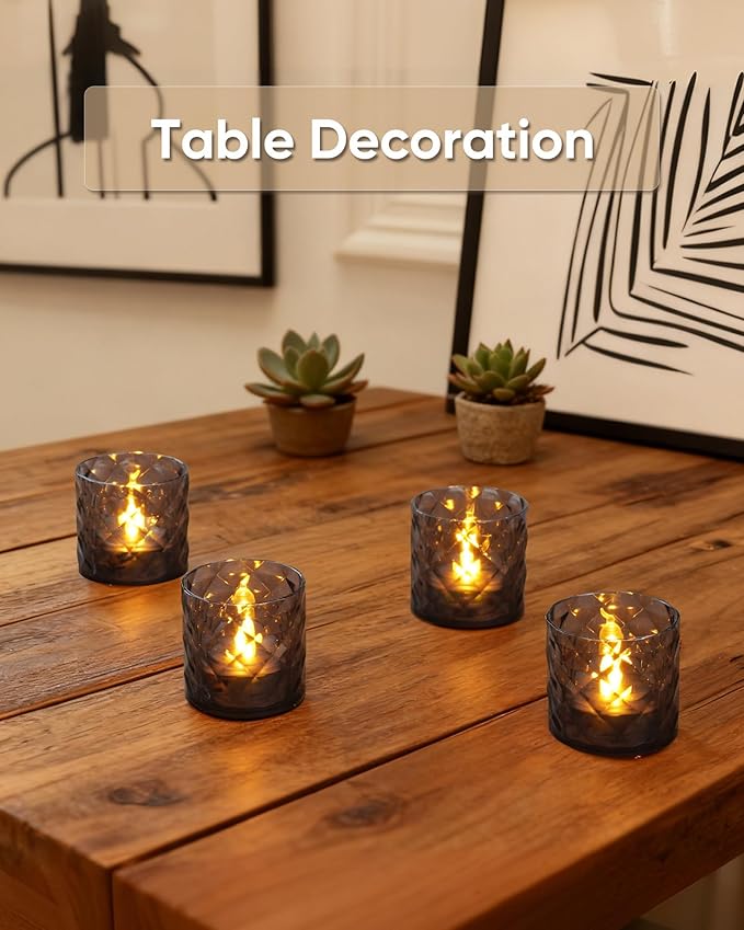 Homemory 2" x 2" Acrylic Votive Candle Holders with Auto Timer Flameless Led Tealight, Battery Powered Fake Electric Candles for Wedding Centerpiece, Table, Christmas Decor (12Pack, Gray Base)