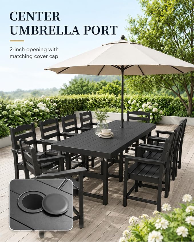 WACASA 12-Piece HDPE Outdoor Dining Set for 10, All-Weather Poly Lumber Patio Table and Chairs with Umbrella Hole, Steel-Reinforced Heavy-Duty Furniture, Black